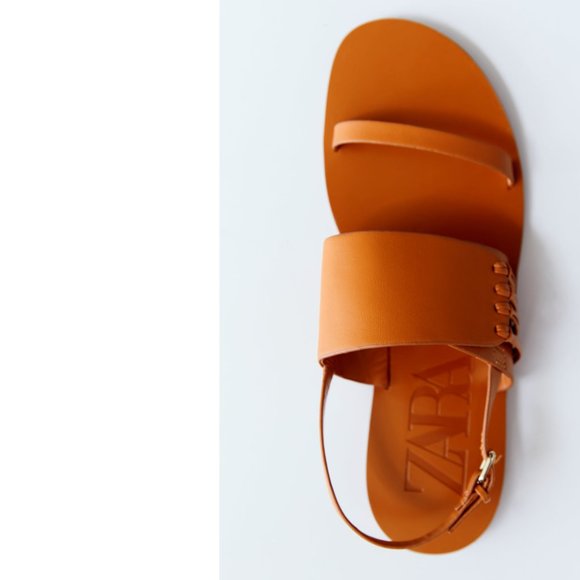 ZARA 100% LEATHER ORANGE KNOTTED FLAT LEATHER SANDALS - Picture 6 of 9